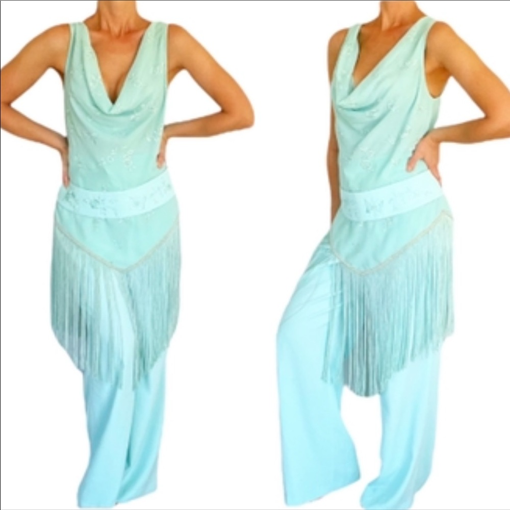 Vintage light blue embroidered fringe matching three piece set size 12